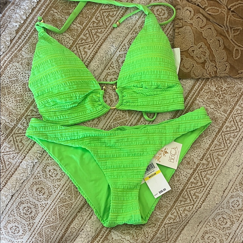 BECCA Neon Green Textured Bikini Top with Ring Accent